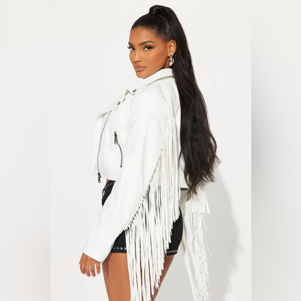 Faux Leather Fringe White Moto Jacket - M - Picture 5 of 16